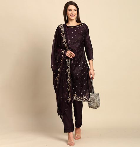 Wine-Coloured & Golden Zari Embroidered Unstitched Dress Material
